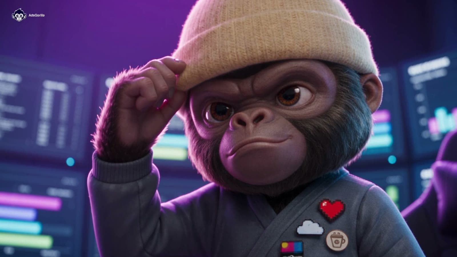 A 3D gorilla character adjusting his beanie in front of screens full of campaign reports