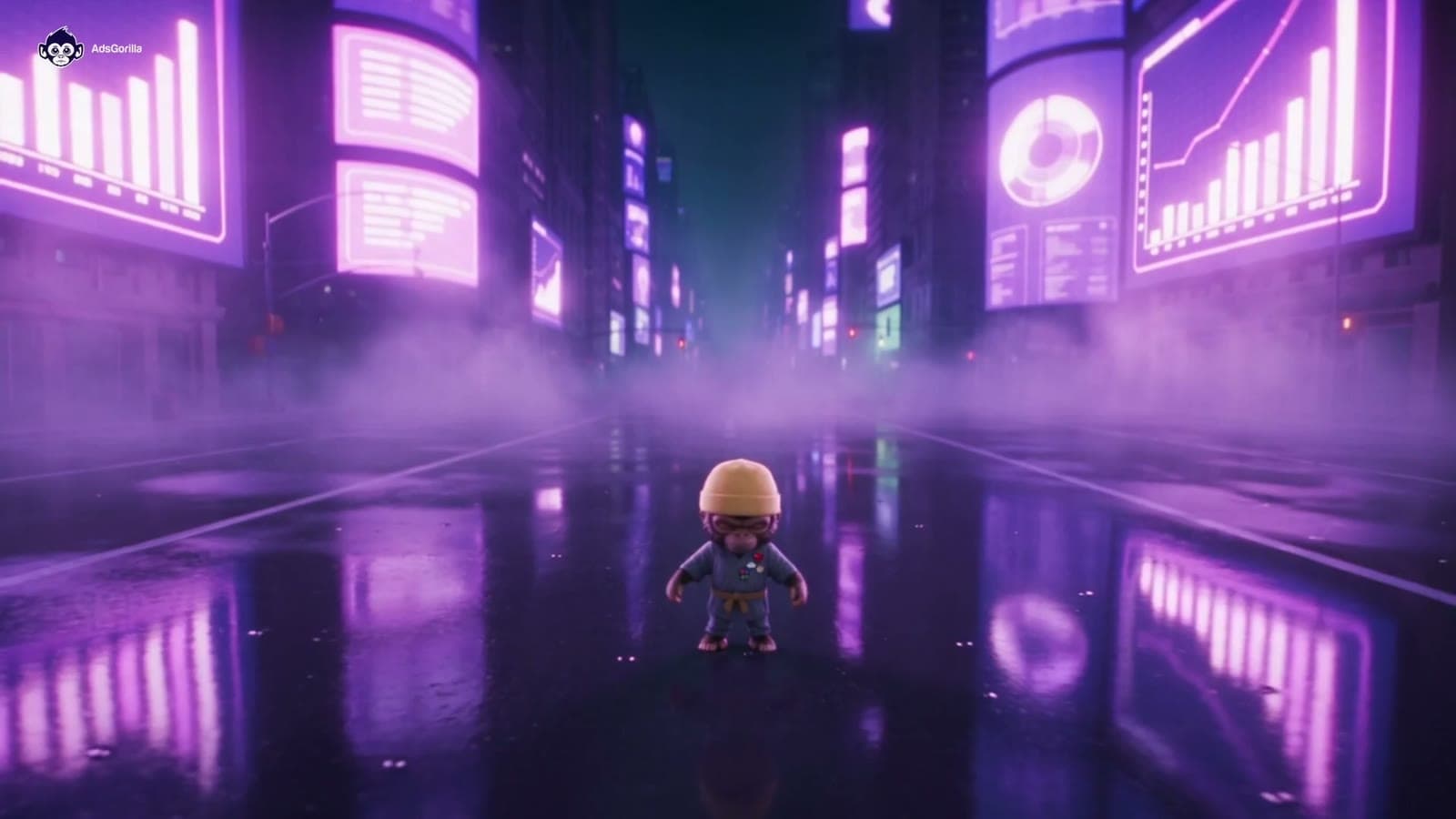 A 3D gorilla character standing on a wet neon-lit street lined with glowing chart billboards
