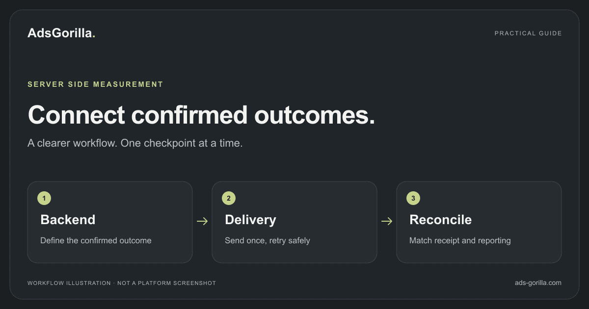 SERVER SIDE MEASUREMENT: Backend — Define the confirmed outcome; Delivery — Send once, retry safely; Reconcile — Match receipt and reporting.
